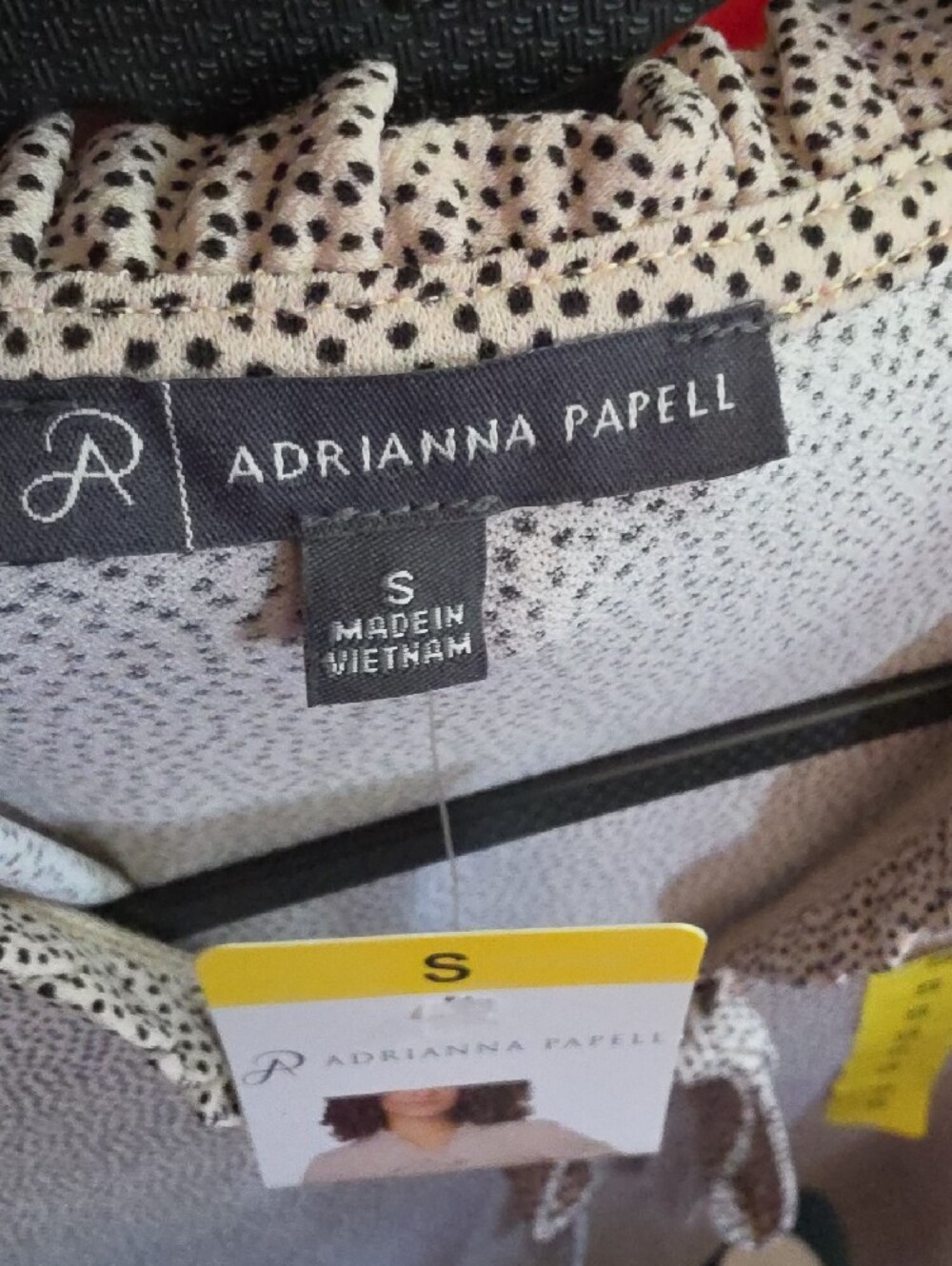 Adrianna Papell Taupe Dot Tie-Neck Short Sleeve Blouse. It Can Fit A Medium. - Picture 4 of 6